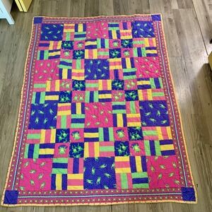Vintage Handmade Frog Patchwork Quilt Pink Purple Kids Baby Blanket 57x42
